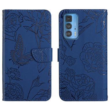 Peňaženkové kožené puzdro Butterfly Peony na Motorola Edge 20 Pro - Modrá