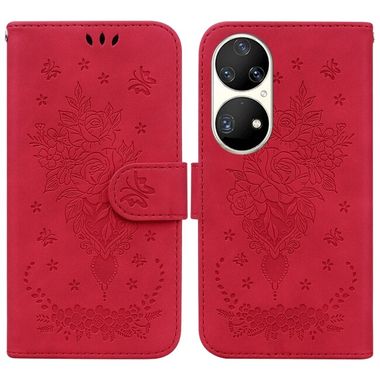 Peňaženkové kožené puzdro BUTTERFLY ROSE na Huawei P50 Pro - Červená