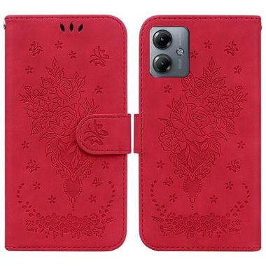 Peňaženkové kožené puzdro Butterfly Rose na Motorola G14 - Červená