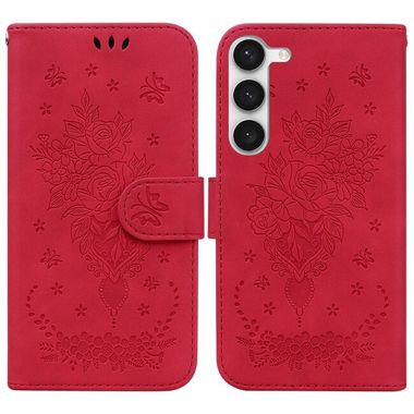 Peňaženkové kožené puzdro BUTTERFLY ROSE na Samsung Galaxy S23 5G – Červená