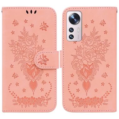 Peňaženkové kožené puzdro Butterfly Rose na Xiaomi 12 Pro - Ružová