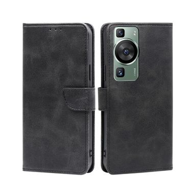 Peňaženkové kožené puzdro Calf Texture Buckle na Huawei P60 Pro - Čierna