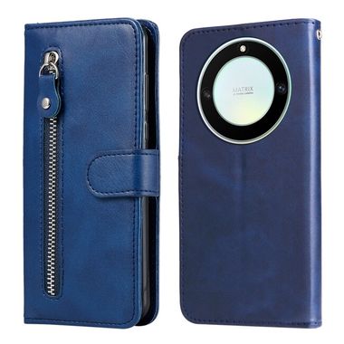 Peňaženkové kožené puzdro Calf Zipper na Honor Magic5 Lite - Modrá
