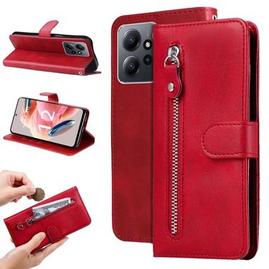 Peňaženkové kožené puzdro Calf Zipper na Xiaomi Redmi Note 12 4G - Červená