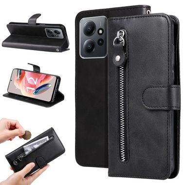 Peňaženkové kožené puzdro Calf Zipper na Xiaomi Redmi Note 12 4G - Čierna