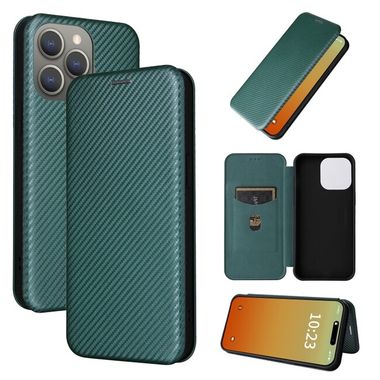 Peňaženkové kožené puzdro Carbon na iPhone 15 Pro Max - Zelená