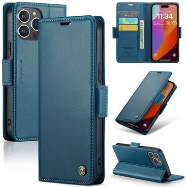 Peňaženkové kožené puzdro CaseMe Litchi na iPhone 15 Pro - Modrá