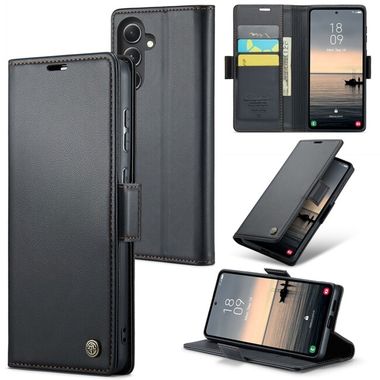 Peňaženkové kožené puzdro CaseMe Litchi na Samsung Galaxy S23 FE - Čierna