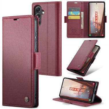 Peňaženkové kožené puzdro CaseMe Litchi na Samsung Galaxy S23 FE - Vínovo červená