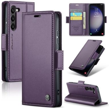 Peňaženkové kožené puzdro CaseMe Litchi na Samsung Galaxy S24 5G - Perleťovo fialová