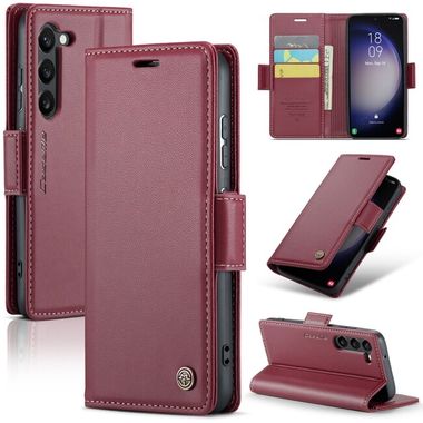 Peňaženkové kožené puzdro CaseMe Litchi na Samsung Galaxy S24 5G - Vínovo červená