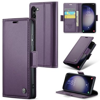 Peňaženkové kožené puzdro CaseMe Litchi na Samsung Galaxy S24 Plus 5G - Perleťovo fialová
