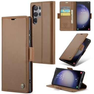 Peňaženkové kožené puzdro CaseMe Litchi na Samsung Galaxy S24 Ultra 5G - Hnedá