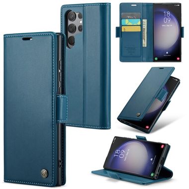 Peňaženkové kožené puzdro CaseMe Litchi na Samsung Galaxy S24 Ultra 5G - Modrá