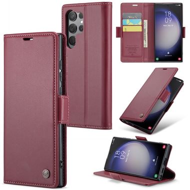 Peňaženkové kožené puzdro CaseMe Litchi na Samsung Galaxy S24 Ultra 5G - Vínovo červená