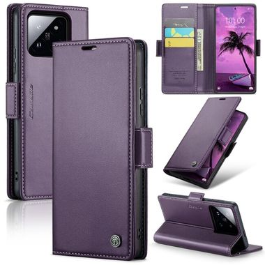 Peňaženkové kožené puzdro CaseMe Litchi na Xiaomi 14 Pro - Perleťová fialová