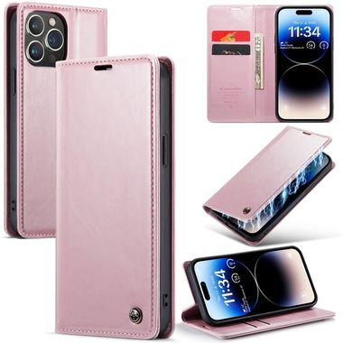 Peňaženkové kožené puzdro CaseMe na iPhone 14 Pro - Ružovozlatá
