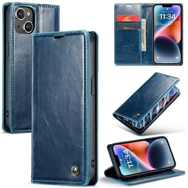 Peňaženkové kožené puzdro CASEME na iPhone 15 Plus - Modrá