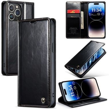 Peňaženkové kožené puzdro CaseMe na iPhone 15 Pro - Čierna