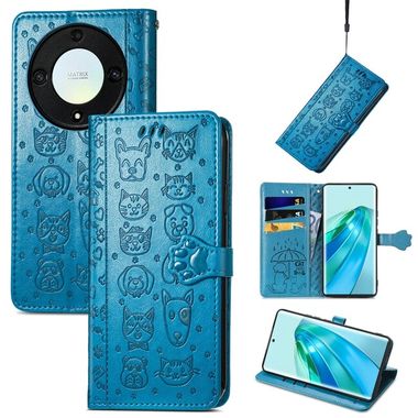 Peňaženkové kožené puzdro Cat and Dog na Honor Magic5 Lite - Modrá
