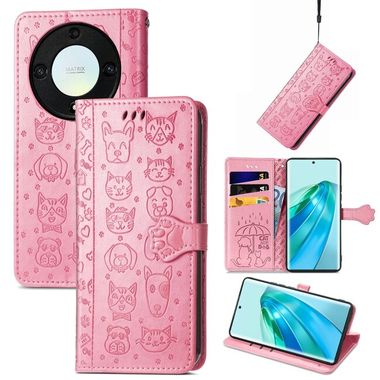 Peňaženkové kožené puzdro Cat and Dog na Honor Magic5 Lite - Ružová