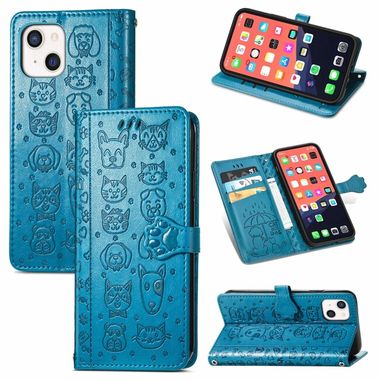 Peňaženkové kožené puzdro CAT AND DOG na iPhone 13 - Modrá
