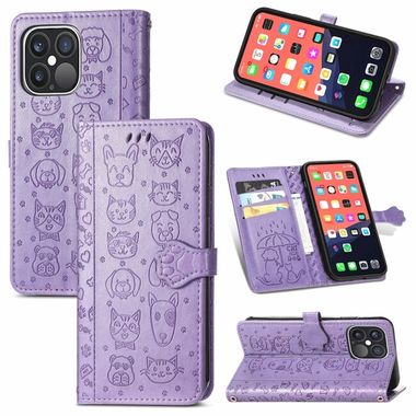 Peňaženkové kožené puzdro CAT AND DOG na iPhone 13 Pro - Fialová