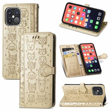 Peňaženkové kožené puzdro CAT AND DOG na iPhone 13 Pro - Zlatá