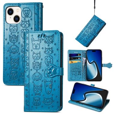 Peňaženkové kožené puzdro CAT AND DOG na iPhone 15 Plus – Modrá