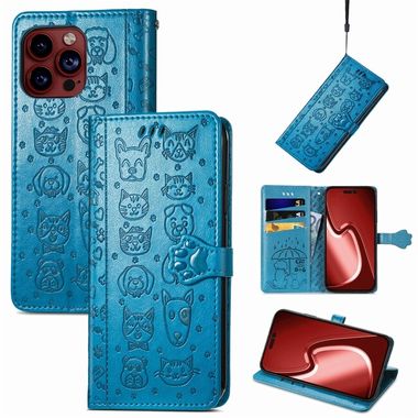 Peňaženkové kožené puzdro Cat and Dog na iPhone 15 Pro - Modrá