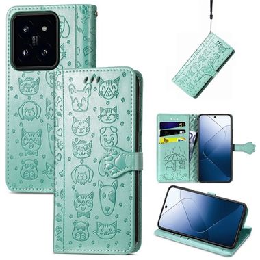 Peňaženkové kožené puzdro Cat and Dog na Xiaomi 14 - Zelená