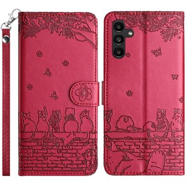 Peňaženkové kožené puzdro Cat na Samsung Galaxy S23 FE - Červená