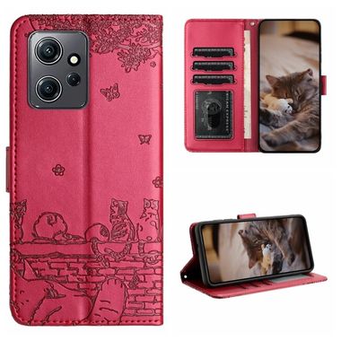 Peňaženkové kožené puzdro Cat Pattern na Xiaomi Redmi Note 12 4G - Červená
