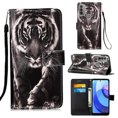 Peňaženkové kožené puzdro Colored Drawing Plain na Motorola Moto E20 / E30 / E40 - Black White Tiger