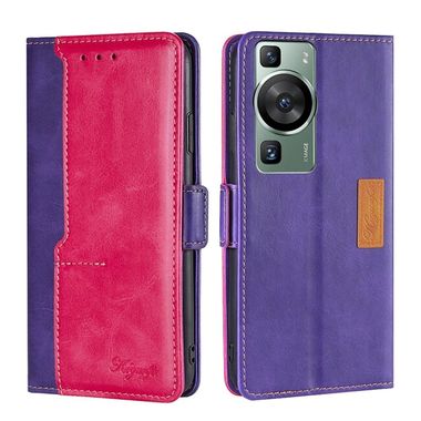 Peňaženkové kožené puzdro Contrast Color na Huawei P60 Pro - Fialová + Rose Red