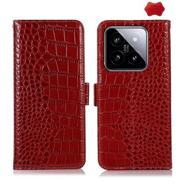 Peňaženkové kožené puzdro Crocodile Layer na Xiaomi 14 Pro - Červená