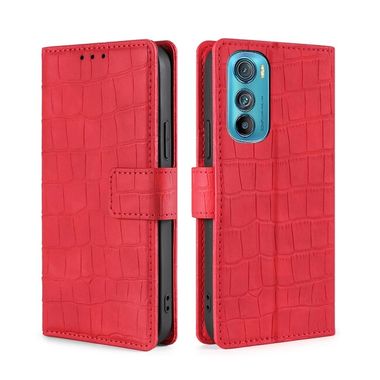 Peňaženkové kožené puzdro Crocodile na Motorola Edge 30 - Červená