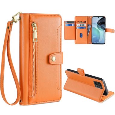 Peňaženkové kožené puzdro Cross-body Zipper na Motorola Moto G72 - Oranžová