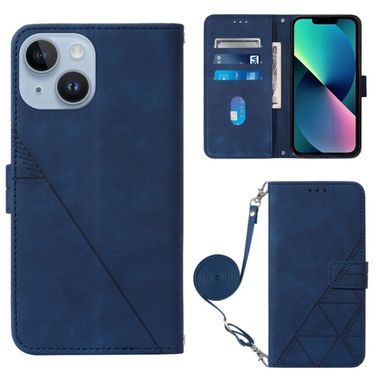Peňaženkové kožené puzdro CROSSBODY na iPhone 15 Plus – Modrá