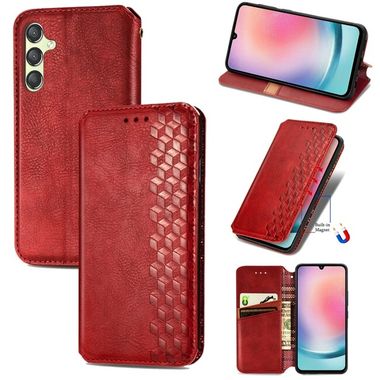 Peňaženkové kožené puzdro Cubic Grid na Samsung Galaxy A25 5G - Červená