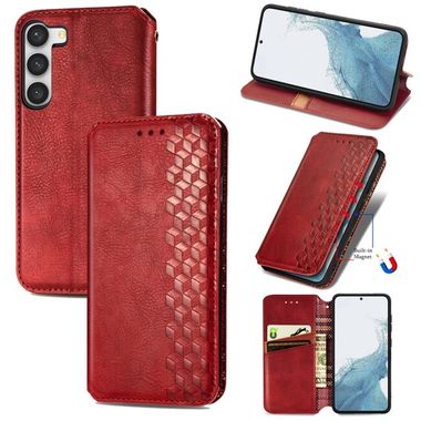 Peňaženkové kožené puzdro CUBIC GRID na Samsung Galaxy S23 Plus 5G – Červená
