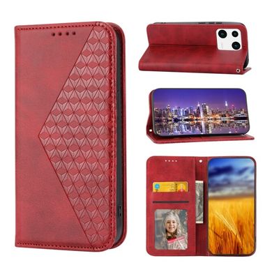 Peňaženkové kožené puzdro CUBIC GRID na Xiaomi 13 – Červená