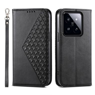Peňaženkové kožené puzdro Cubic Grid na Xiaomi 14 Pro - Čierna