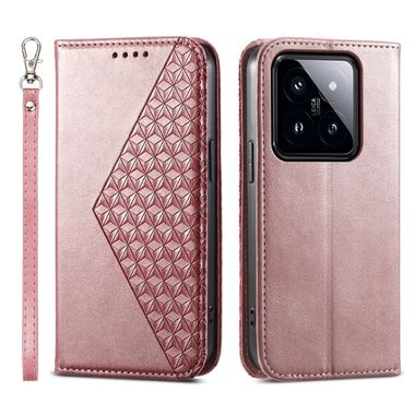 Peňaženkové kožené puzdro Cubic Grid na Xiaomi 14 Pro - Ružovo zlatá