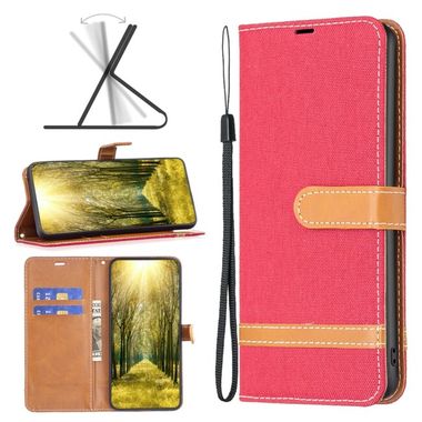 Peňaženkové kožené puzdro Denim na Xiaomi Redmi 12 - Červená
