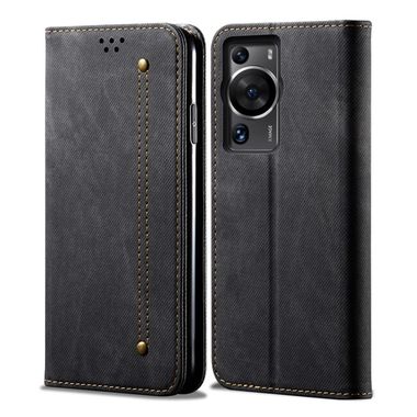 Peňaženkové kožené puzdro Denim Texture na Huawei P60 Pro - Čierna