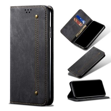 Peňaženkové kožené puzdro Denim Texture na Xiaomi Redmi Note 10/10S - Čierna