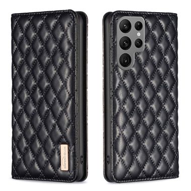 Peňaženkové kožené puzdro Diamond Lattice na Samsung Galaxy S24 Ultra 5G - Čierna