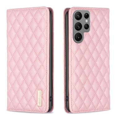 Peňaženkové kožené puzdro Diamond Lattice na Samsung Galaxy S24 Ultra 5G - Ružová