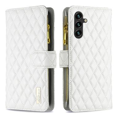 Peňaženkové kožené puzdro Diamond Lattice Zipper na Samsung Galaxy A05s - Biela